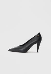 Sort læder højhælede pumps med spids tå, slankt design og en subtil guldlogo accent på hælen, der har en glat tekstur.