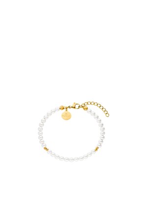 Delicate bracelet with small white pearls and gold beads, gold chain clasp, and round gold tag with engraving.