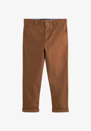 Chinos en coton marron avec une coupe droite, dotés de poches latérales, d'une fermeture à boutons et de poignets retroussés, conçus pour un usage décontracté.