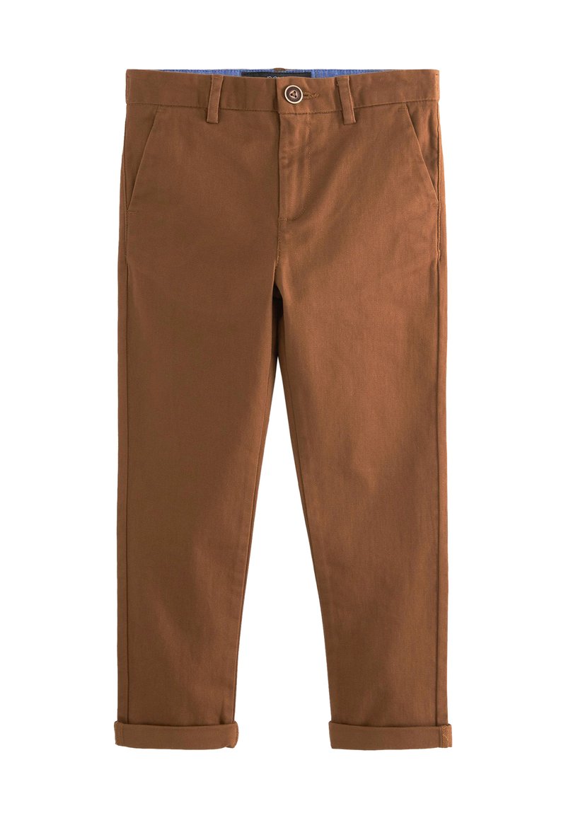 Chinos en coton marron avec une coupe droite, dotés de poches latérales, d'une fermeture à boutons et de poignets retroussés, conçus pour un usage décontracté.