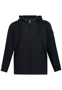 Schwarze Zip-Hoodie mit einer Kapuze mit Kordelzug, frontalen Taschen, gerippten Bündchen und Saum sowie glatter Stofftextur. Einfaches Design ohne Muster.