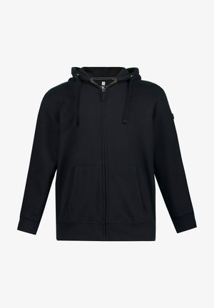 Czarna bluza z kapturem na zamek błyskawiczny, z kapturem na sznurku, kieszeniami z przodu, ściągaczami przy mankietach i dolnej krawędzi oraz gładką fakturą materiału. Prosty design bez wzorów.