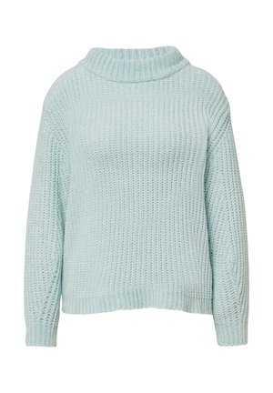 Jasnoniebieski sweter z dzianiny z długimi rękawami oraz prążkowanym, wysokim kołnierzem, dołem i mankietami.