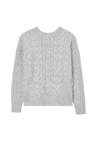 Maglione grigio chiaro con texture a trecce, scollatura rotonda e orli e polsini a costine. Progettato per una vestibilità comoda.