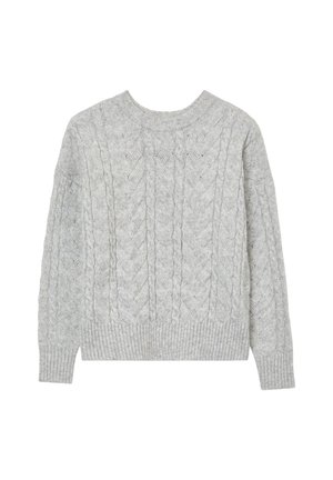 Pull en maille torsadée gris clair, avec un col rond et des bords-côtes au bas et aux poignets. Conçu pour une coupe décontractée.