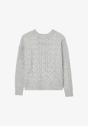 Light gray sweater with a cable knit texture, round neckline, and ribbed hem and cuffs. Designed for a relaxed fit.