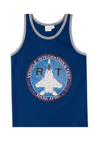 Blue tank top featuring a NASA graphic of a jet aircraft, surrounded by a circular design with text and blue background elements. Gray trim.