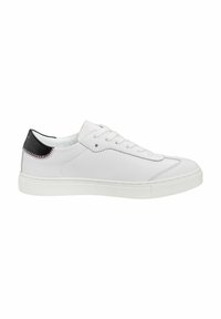 Weiße Sneaker mit einem glatten Lederoberteil, runder Zehenpartie und einem schwarzen Akzent an der Ferse. Verfügt über ein Schnürdesign und eine strukturierte Gummisohle.