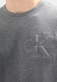 Sudadera gris de algodón con cuello redondo, con un logo en relieve "CK" y el texto "Calvin Klein Jeans" en el lado izquierdo del pecho.