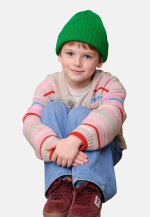 Knit cardigan with multicolored stripes, green beanie, light gray t-shirt, blue jeans, and burgundy sneakers with logo detail.