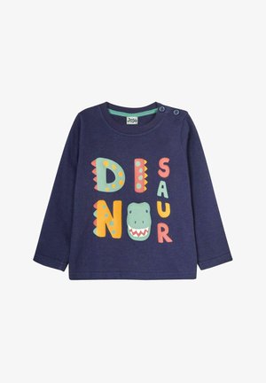 Marineblå langærmet skjorte med farverig "DINOSAUR" tekst og dinosaur grafik, rund halsudskæring og to knapdetaljer på skulderen.