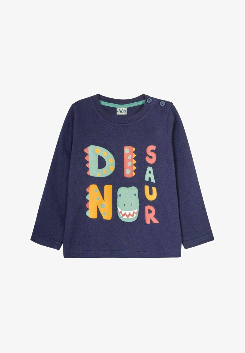 Tengerészkék hosszú ujjú póló, színes "DINOSAUR" felirattal és dinoszaurusz grafikával, kerek nyakkivágással és két gombdíszítéssel a vállon.