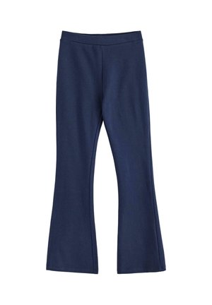 Pantalon évasé taille haute bleu marine en tissu doux, avec une ceinture lisse sans attaches visibles.