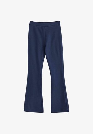 Pantalon évasé taille haute bleu marine en tissu doux, avec une ceinture lisse sans attaches visibles.