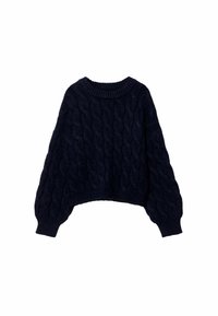 Maglione lavorato a maglia blu navy con motivo a treccia, scollatura rotonda, spalle cadenti e vestibilità corta. Realizzato in un materiale morbido e strutturato.