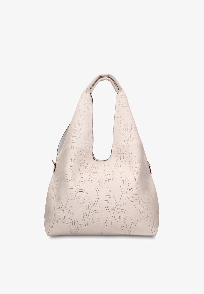 Sac à main structuré de couleur crème avec un motif logo répétitif perforé et une seule poignée supérieure sur fond blanc.