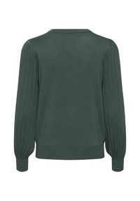 Pull en tricot vert avec des détails côtelés sur les manches, col rond et bas ajusté. Tissu texturé avec une apparence douce.