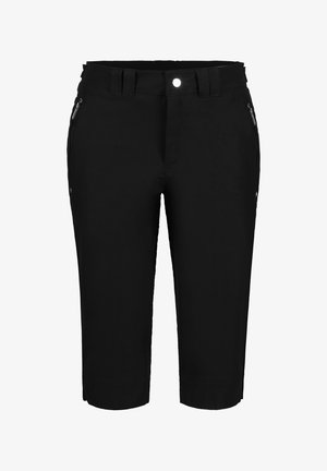 Pantaloni neri cropped con passanti per cintura, chiusura frontale con bottoni e tasche laterali con cerniera, mostrati su sfondo bianco.