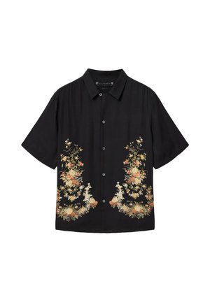 Zwart button-up overhemd met korte mouwen, puntige kraag en symmetrische bloemenpatronen in beige, oranje en wit nabij de zoom.