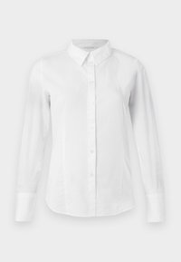 Camicia bianca con bottoni, maniche lunghe, colletto classico e design aderente. Tessuto di cotone liscio con una leggera lucentezza e senza motivi.