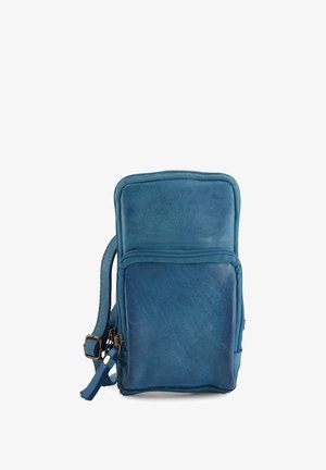 Blaues Leder-Crossbody-Bag mit einer Reißverschlusstasche an der Vorderseite, strukturiertem Oberflächen, verstellbarem Gurt und abgerundeten Ecken für ein kompaktes Design.