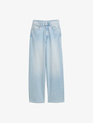 Hellblaue, weit geschnittene Jeans mit hoher Taille, vorderem Knopf, Reißverschluss und fünf Taschen.