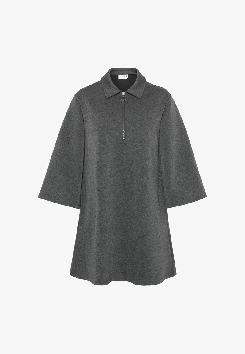 Halljade hall pullover kleit, millel on lühike tõmblukk kaeluses, laiad kellukesed varrukad ja pehme, tekstureeritud kangas. Omab sirget siluetti.