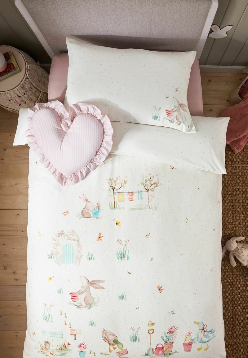 Next 100% COTTON TEXTURED PRINTED DUVET COVER AND PILLOWCASE SET - Bettwäsche - white bunny scene/weiß