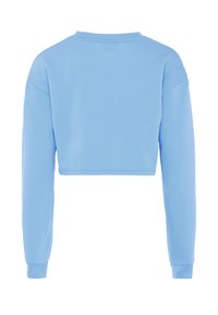 Lichtblauwe cropped sweatshirt met lange mouwen en ribgebreide manchetten, van achteren getoond op een witte achtergrond.