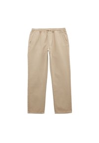 Beige elastische broek met verstelbare koord, zijzakken, rechte pijpen en een zachte katoenmix stof.