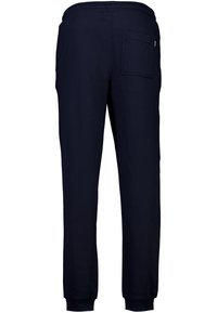 Marineblaue Sweatpants mit einem elastischen Bund, einer Gesäßtasche und gerippten Bündchen, aus weichem Stoff mit einer glatten Textur.