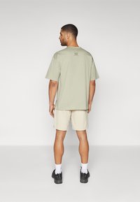 Lys grøn kortærmet T-shirt med rund hals, der har et lille grafik på ryggen. Sammen med beige shorts og sorte sneakers.