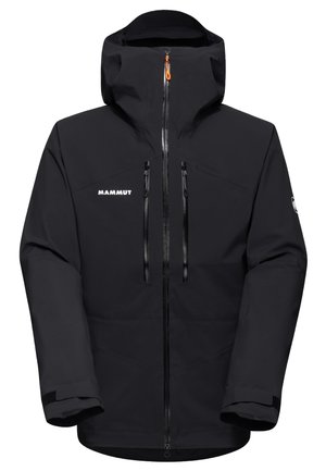 Black waterproof jacket with a hood, zippered front, two chest pockets, and adjustable cuffs. Features logo on the upper left side.