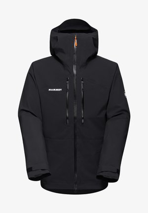 Czarna wodoodporna kurtka z kapturem, zapinana na zamek błyskawiczny z przodu, z dwoma kieszeniami na piersi i regulowanymi mankietami. Posiada logo po lewej stronie na górze.