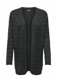 Cardigan gris foncé en tissu tricoté texturé, présentant une coupe décontractée et ouverte à l'avant, avec des poignets côtelés et de subtils motifs en vagues.
