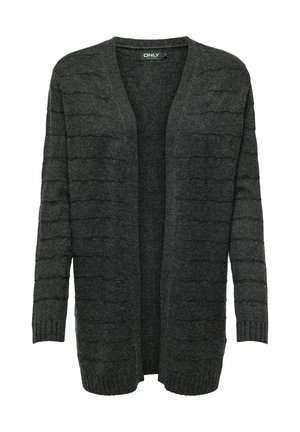 Donkergrijze cardigan van gebreide stof met een textuur, met een ontspannen, open voorkant, geribbelde manchetten en subtiele golfpatronen.