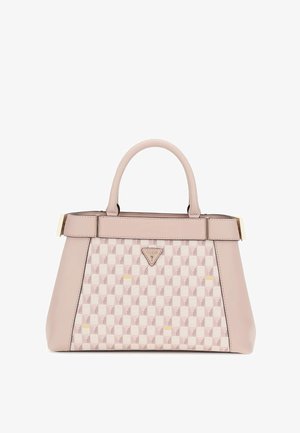 Borsa a spalla rosa con motivo geometrico e finitura in pelle liscia, dotata di due manici superiori e dettagli dorati sulla tracolla.