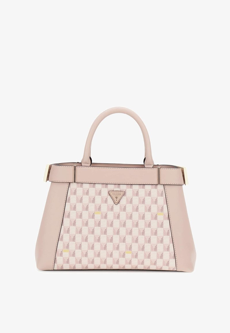 Różowa torba na ramię z wzorem, o gładkim skórzanym wykończeniu, geometrycznym wzorze, z dwiema górnymi rączkami i złotymi akcentami na pasku.