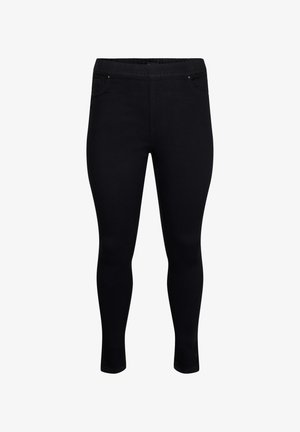 Leggings noirs extensibles avec une taille élastique, deux poches avant et une coupe ajustée, affichant une texture lisse sans motifs visibles.