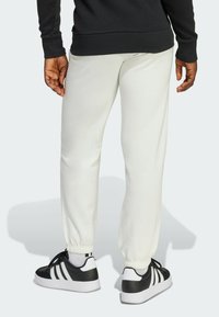 Svijetlosive trenirke imaju elastične manžete na gležnjevima. Uparen s crno-bijelim tenisicama, koje imaju prugaste naglaske i elegantan dizajn.