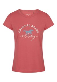 Koraal kleurige t-shirt met korte mouwen van katoen, met een blauwe paard graphic en de tekst "ORIGINAL BRAND Mustang" in het wit.