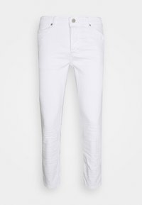 White denim jeans with a slim fit. Features a front button closure, belt loops, and five pockets. Smooth texture and minimal detailing.