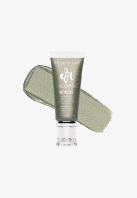 Metallisch groene crèmekleurige pigment in een doorzichtige tube met zilveren accenten, met daarnaast een kleurstaal van dezelfde kleur.
