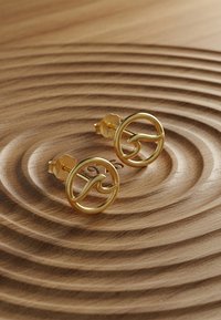 Guldcirkulära örhängen med ett vågmönster, med en glänsande yta och strukturerade ytor, mot en randig träbakgrund.