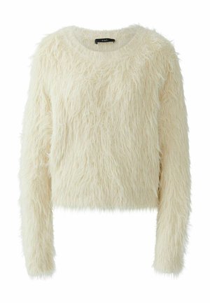 Cremfarbener, kurzer Pullover mit langen Ärmeln, gefertigt aus einem schäbigen, strukturierten, flauschigen Material und mit einem runden Halsausschnitt. Markenlabel innen sichtbar.