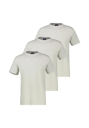 Drei schlichte hellgraue T-Shirts mit kurzen Ärmeln und Rundhalsausschnitt, diagonal gestapelt, mit einem kleinen Logo auf der linken Brust.