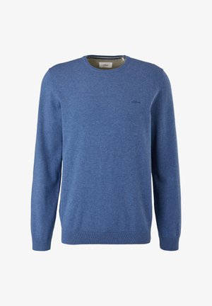 Pull bleu pour homme à col ras du cou, manches longues et poignets côtelés, avec un petit logo brodé sur la poitrine.