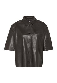 Short-sleeve, black leather shirt with a button-down front and chest pocket. Smooth texture with a structured collar and loose fit.