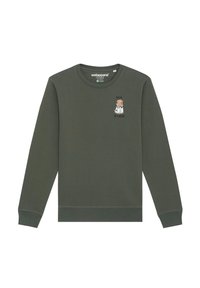 Groene sweatshirt van een katoenmix, met een ronde hals, lange mouwen, geribde boorden en een cartoonontwerp op de borst.