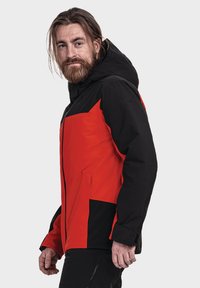 Kapuzenshirt mit einem Farbkombinationsdesign in Schwarz und leuchtendem Rot, mit glatter Textur, Vorderreißverschluss und seitlichen Taschen.